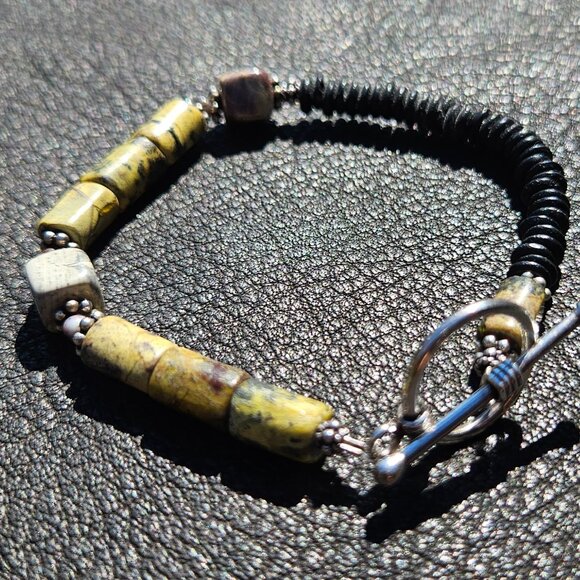 Asymmetrical Yellow Turquoise and Sandalwood Bracelet - Picture 3 of 5